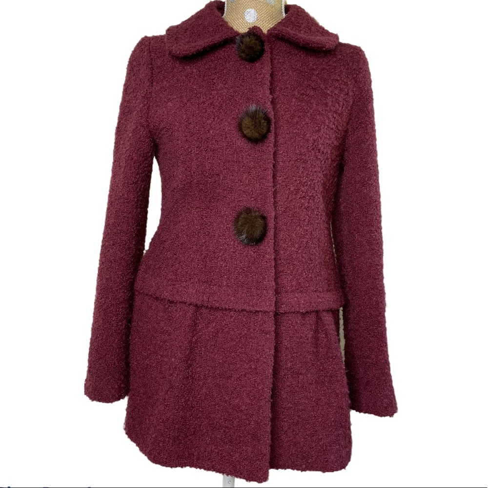She’s Designed Italy Wool Blend Real Fur Pom Button Fashion Coat Size Large - 8